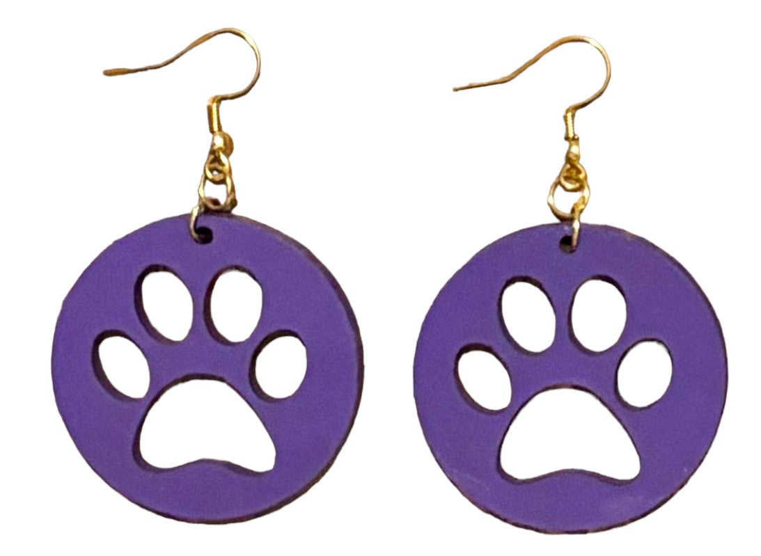 Paw Print Circle Wood Earrings, Grape