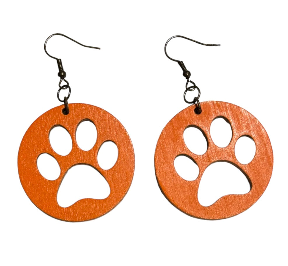 Paw Print Circle Wood Earrings, Orange