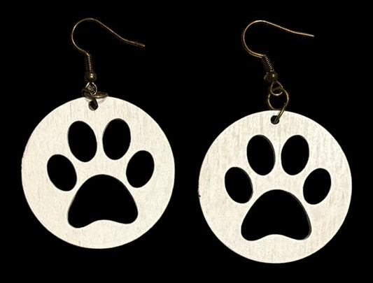 Paw Print Circle Wood Earrings, White