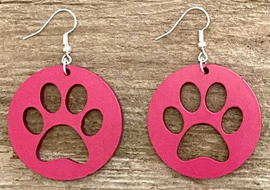 Paw Print Circle Wood Earrings, Magenta