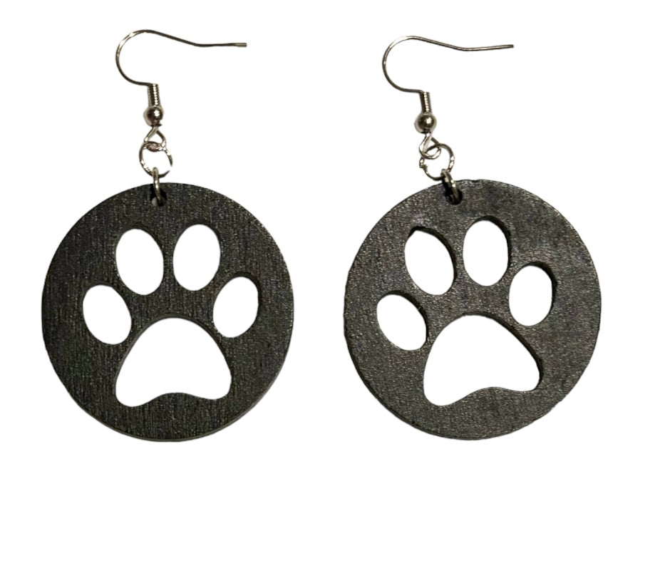 Paw Print Circle Wood Earrings, Black