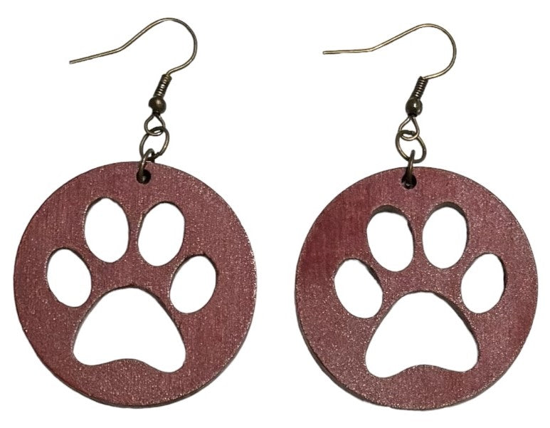 Paw Print Circle Wood Earrings, Maroon