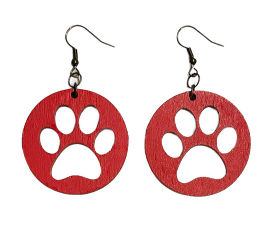 Paw Print Circle Wood Earrings, Apple Red