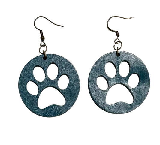 Paw Print Circle Wood Earrings, Deep Turquoise