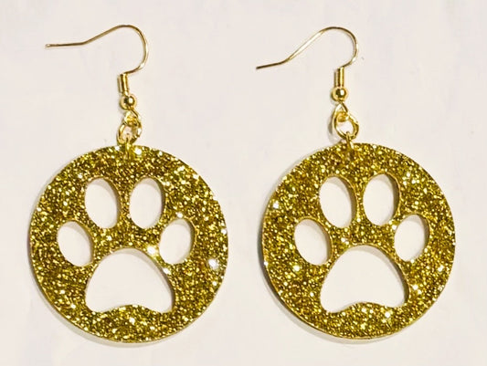 Paw Print Circle Acrylic Earrings, Gold Glitter