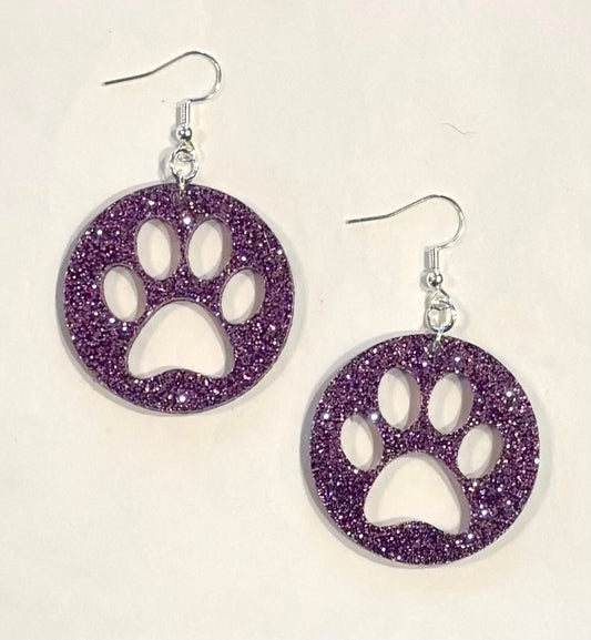 Paw Print Circle Acrylic Earrings, Lavender Glitter