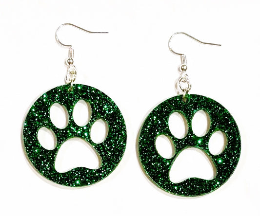 Paw Print Circle Acrylic Earrings, Ivy Green Glitter