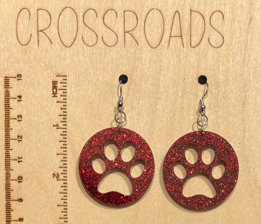 Paw Print Circle Acrylic Earrings, Scarlet Red Glitter