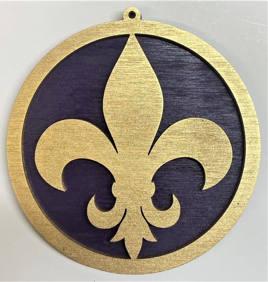 Fluer de Lis Wood Ornament - Gold over Purple