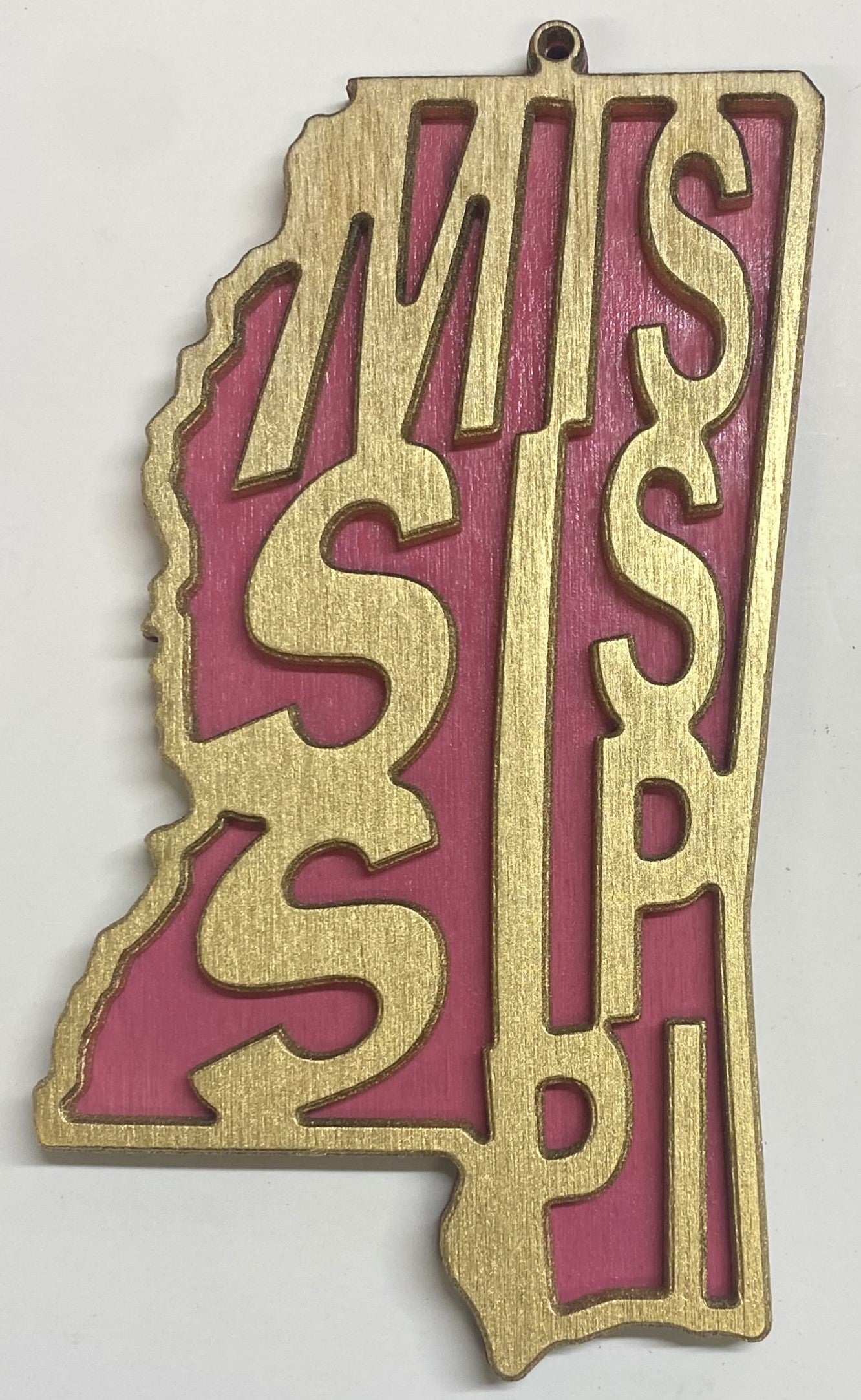 Mississippi Wood Ornament - Gold over Pink