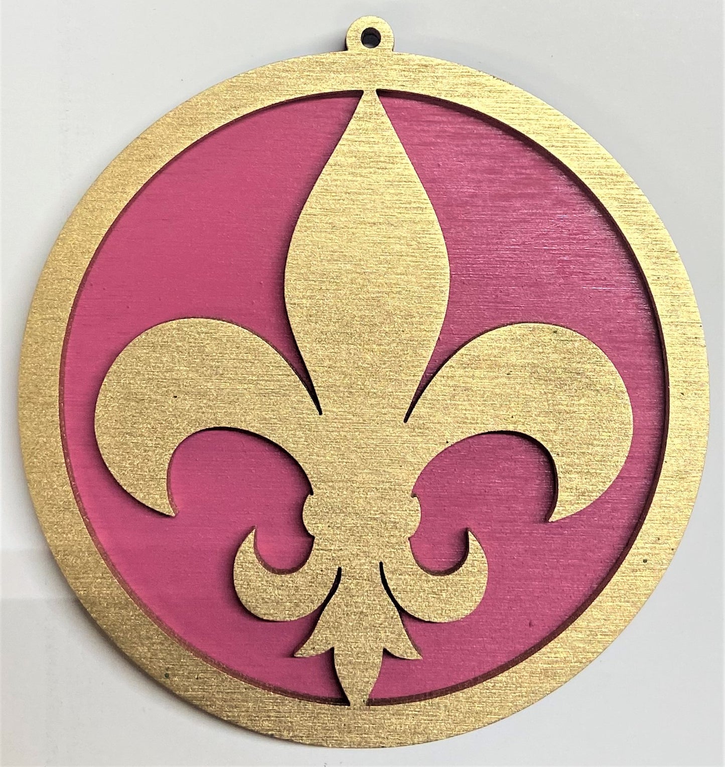 Fluer de Lis Wood Ornament - Gold over Pink