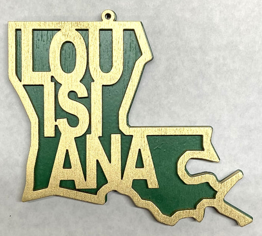 Louisiana Wood Ornament - Gold over Green