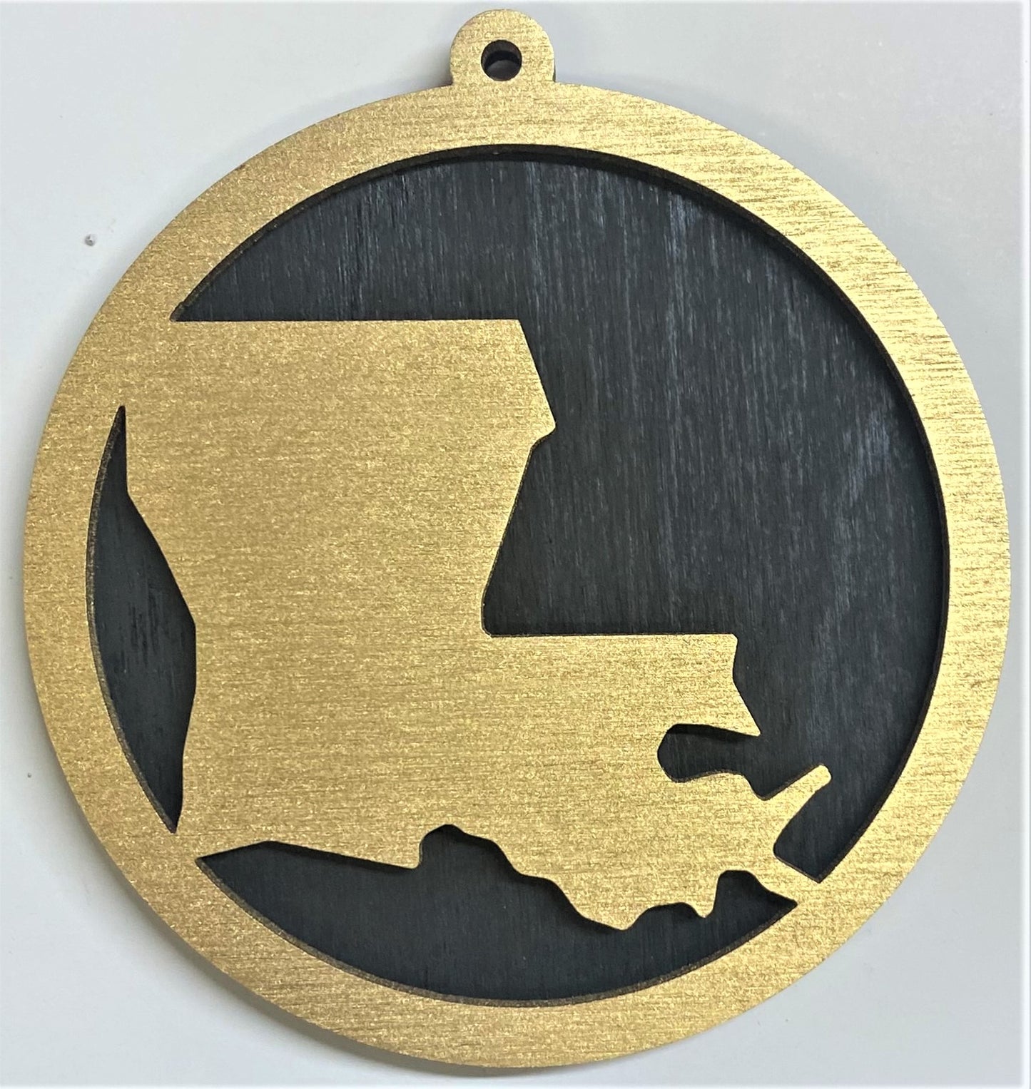 Louisiana Map Wood Ornament - Gold over Black