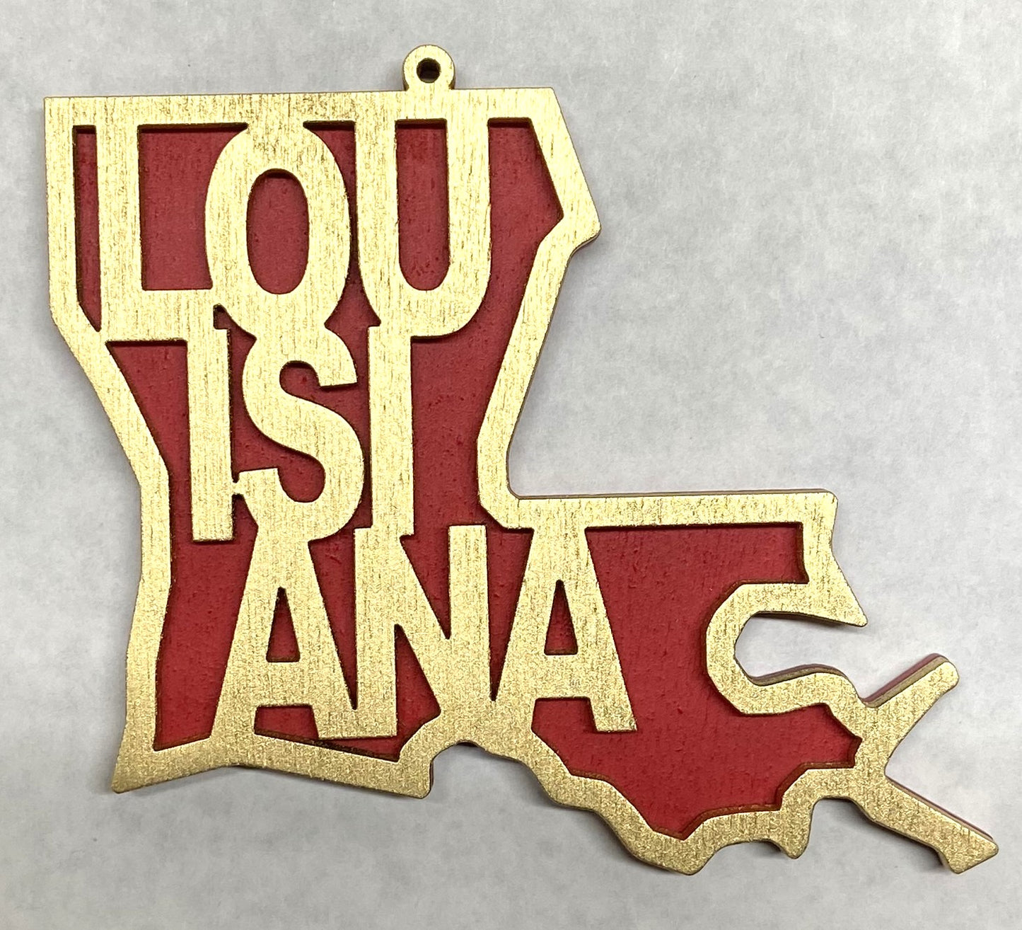 Louisiana Wood Ornament - Gold over Red