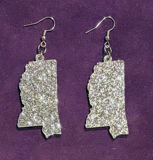 Mississippi Acrylic Earrings, Silver Glitter