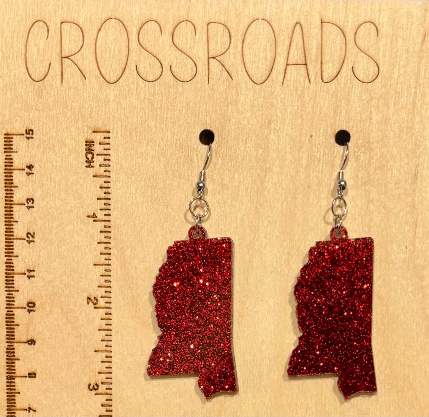 Mississippi Acrylic Earrings, Scarlet Red Glitter