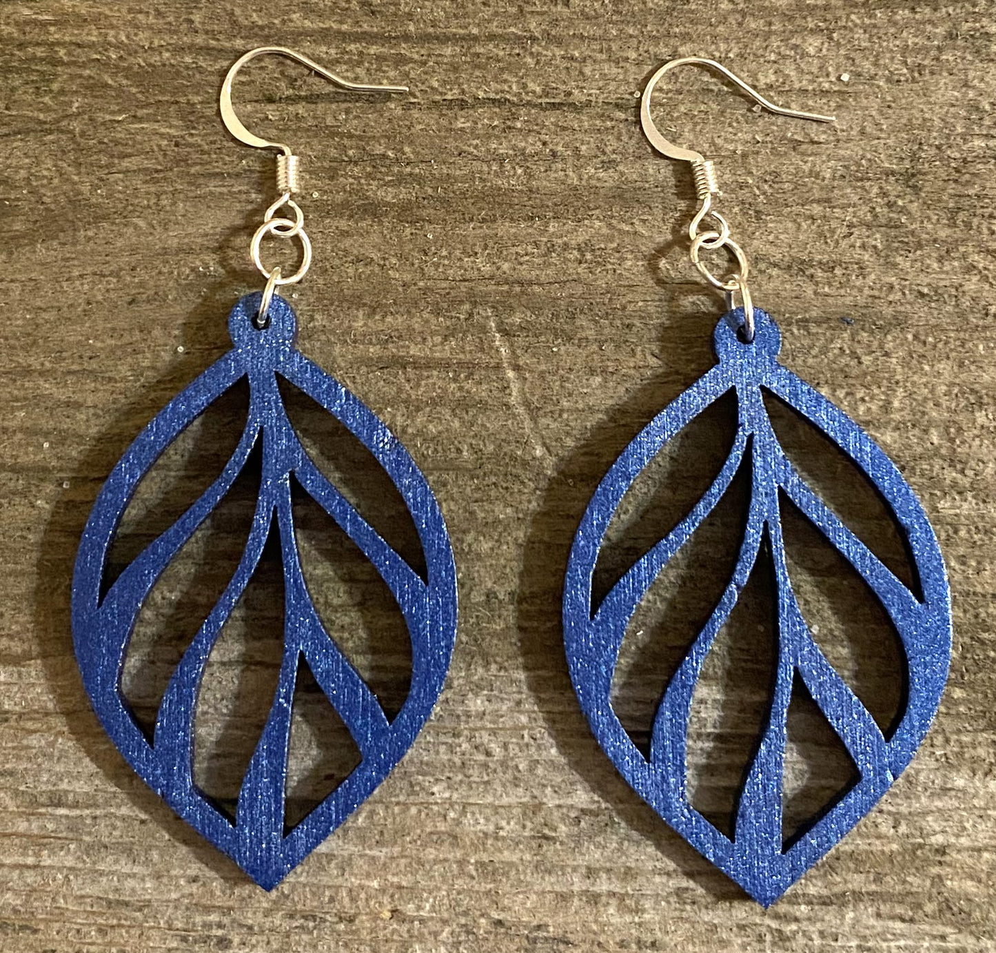 Leaf Wood Earrings, Blue Metallic