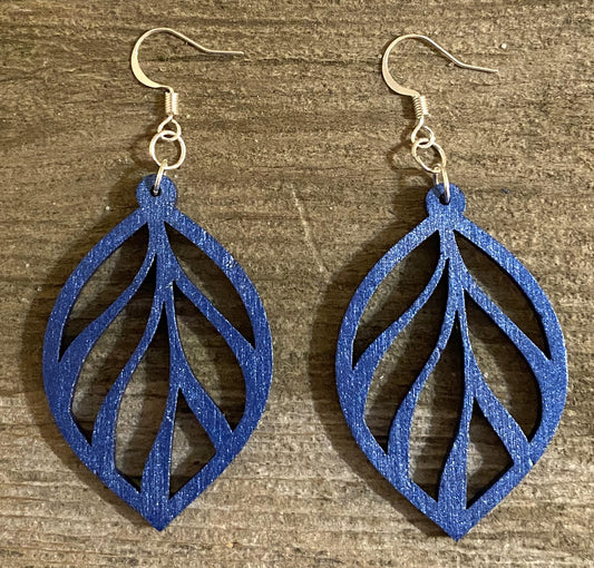 Leaf Wood Earrings, Blue Metallic