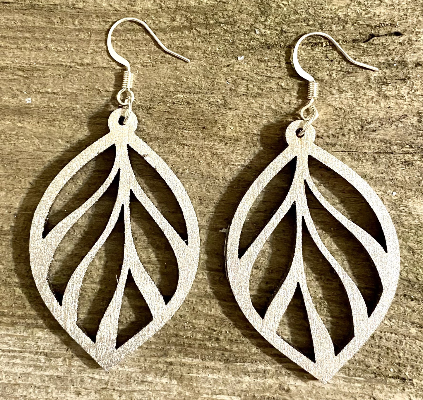 Leaf Wood Earrings, Metallic Silver