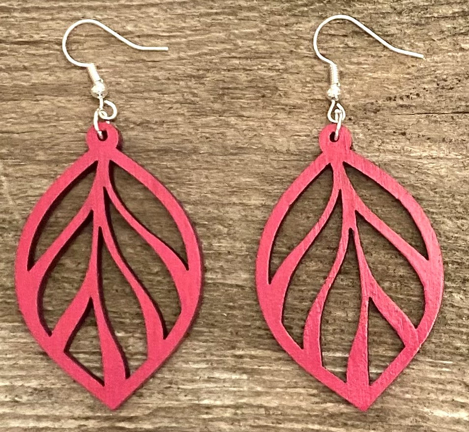 Leaf Wood Earrings, Magenta