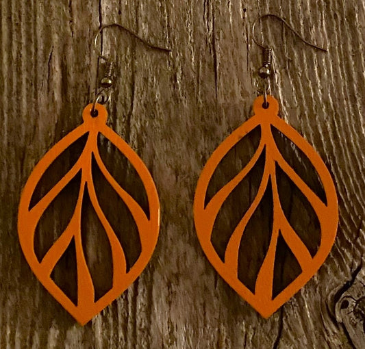 Leaf Wood Earrings, Rustic Orange