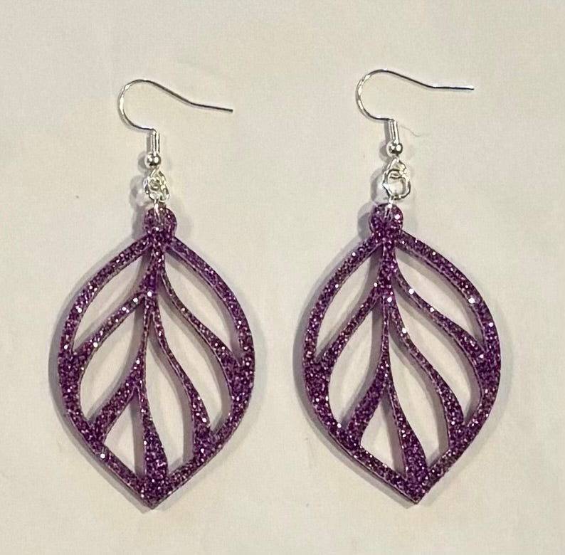 Leaf Acrylic Earrings, Lavender Glitter