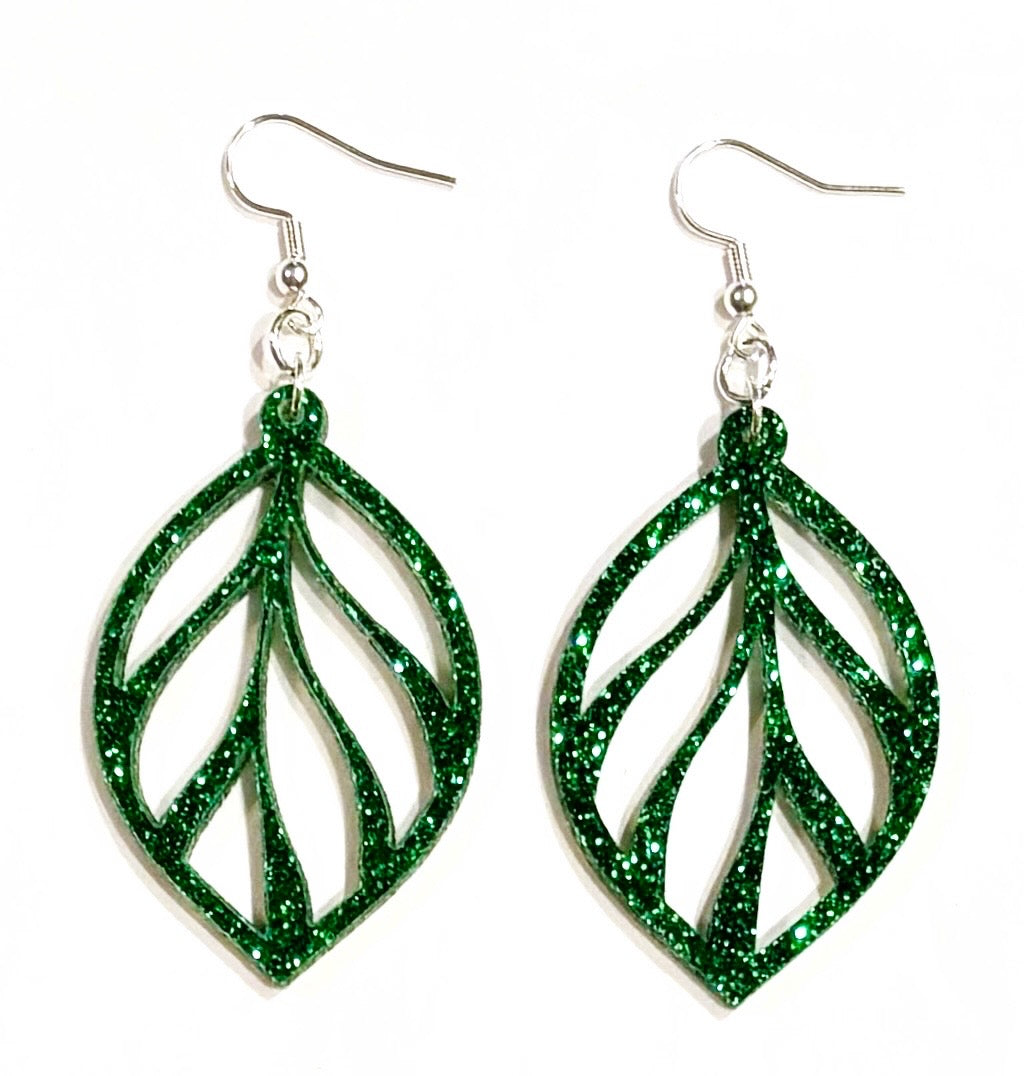 Leaf Acrylic Earrings, Ivy Green Glitter