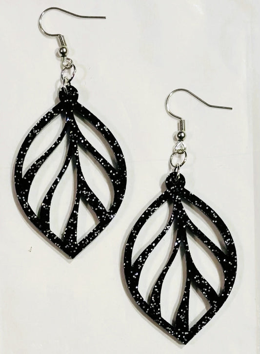 Leaf Acrylic Earrings, Black Glitter