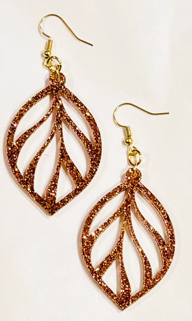 Leaf Acrylic Earrings, Copper Glitter