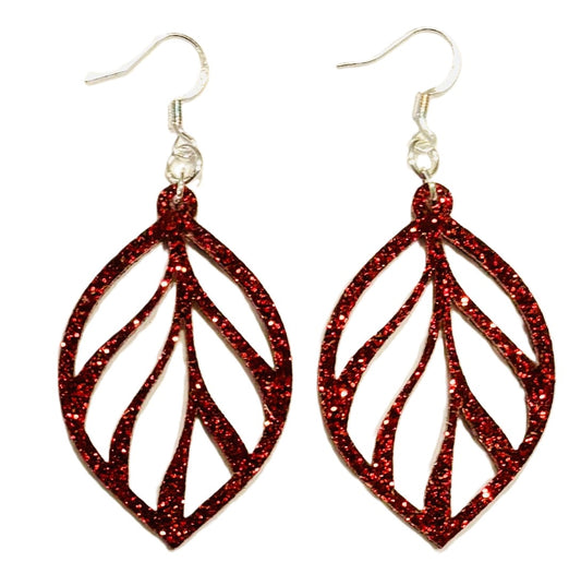 Leaf Acrylic Earrings, Scarlet Red Glitter