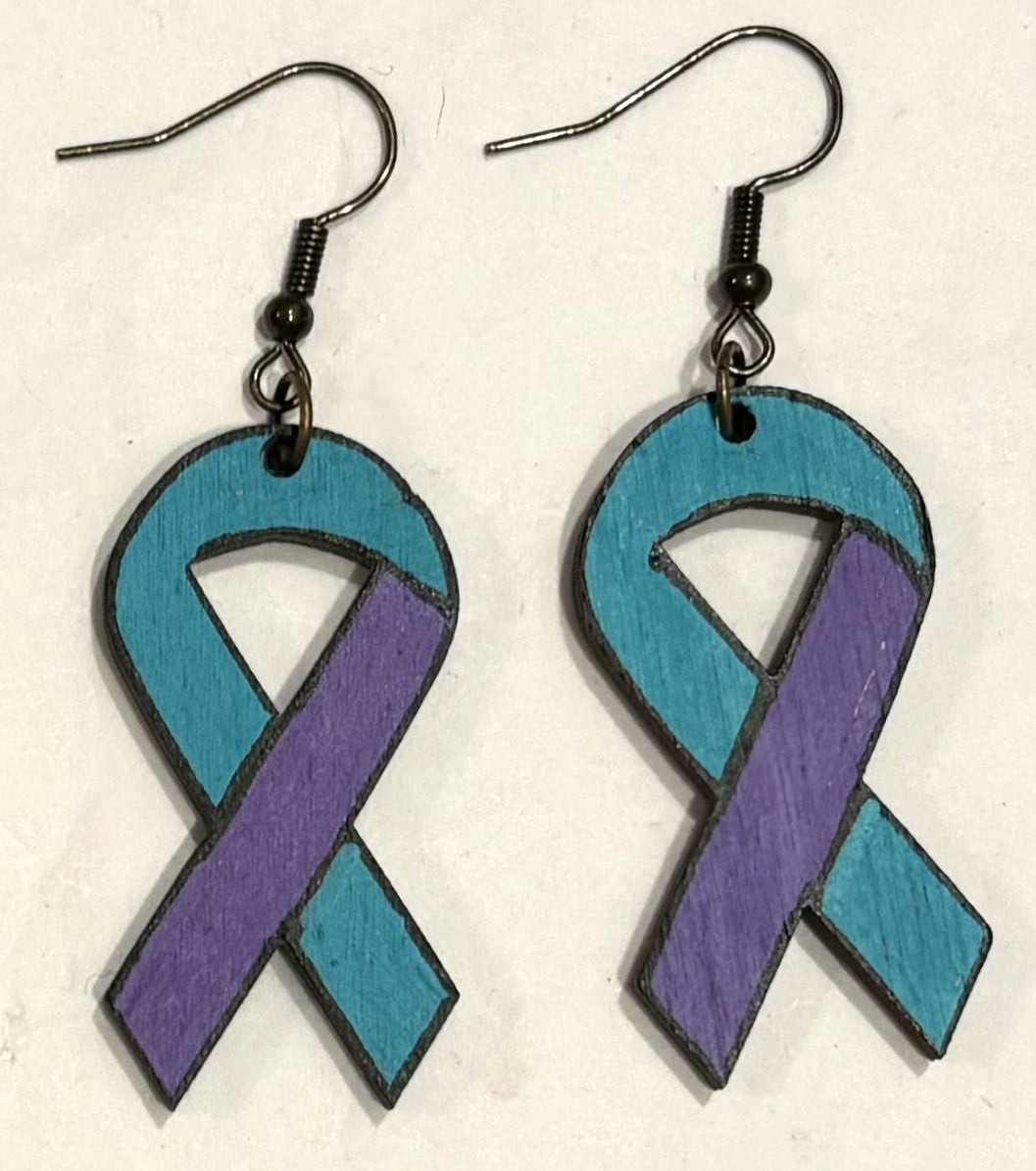 Suicide Prevention Ribbon Wood Earrings, Teal/Purple