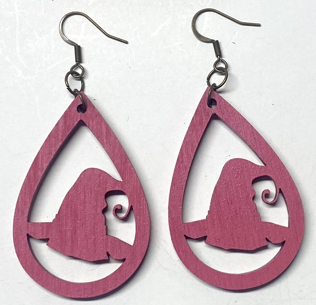 Witches Hat Teardrop Wood Earrings, Pink