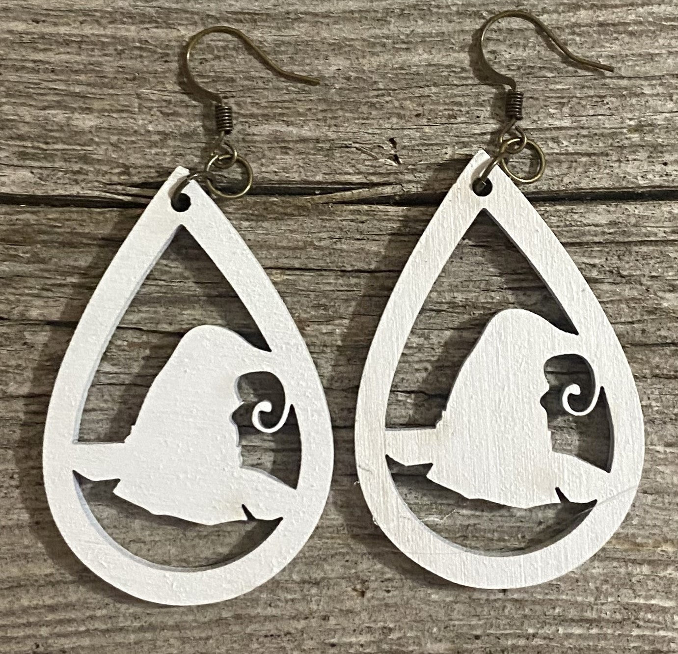 Witches Hat Teardrop Wood Earrings, White