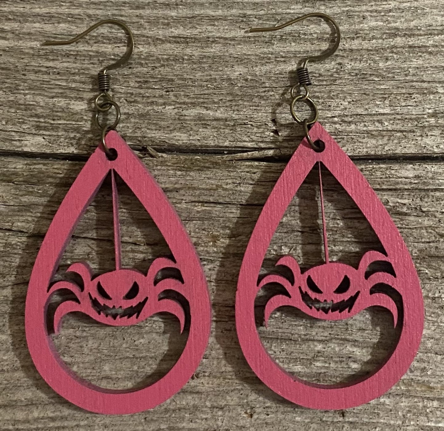 Spider on Web Teardrop Wood Earrings, Pink