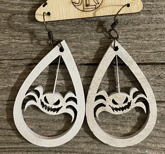 Spider on Web Teardrop Wood Earrings, White