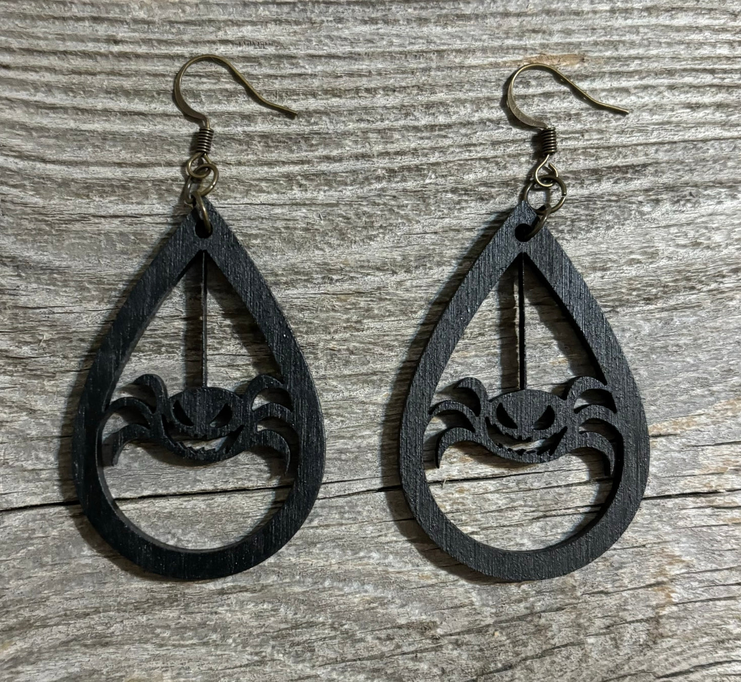 Spider on Web Teardrop Wood Earrings, Black