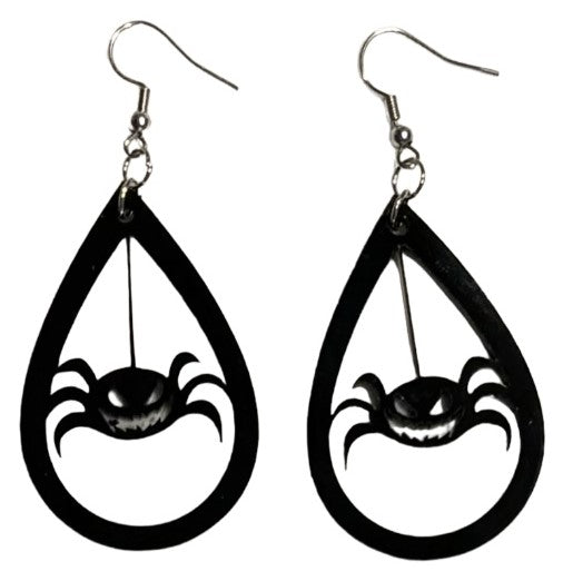 Spider on Web Teardrop Acrylic Earrings, Black