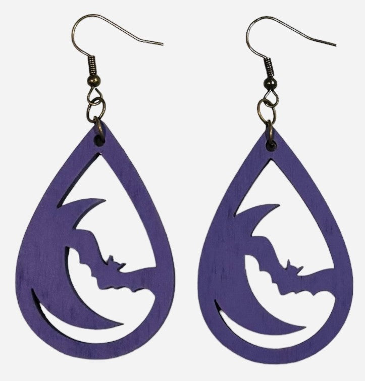 Bat and Moon Teardrop Wood Earrings, Grape