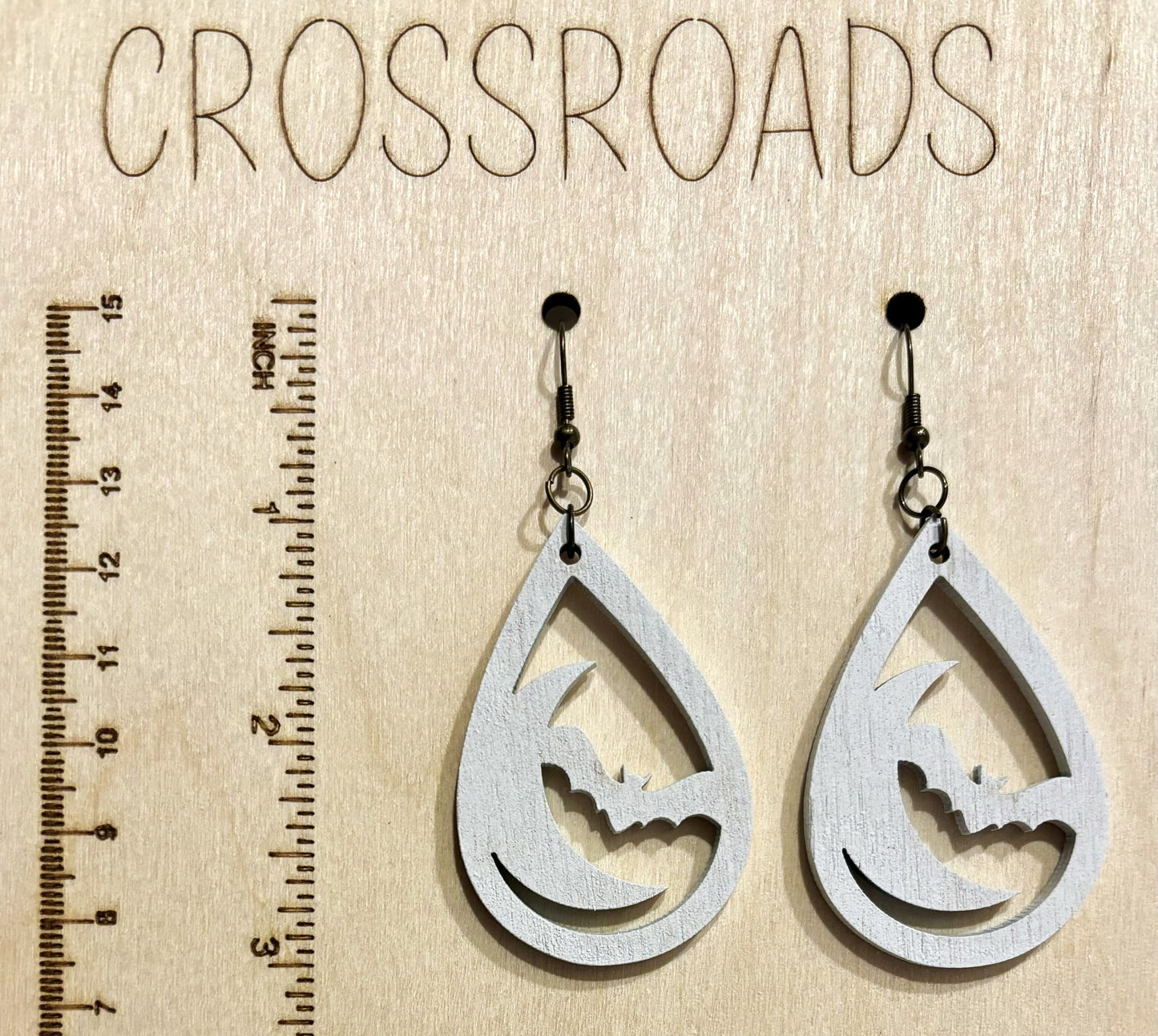 Bat and Moon Teardrop Wood Earrings, White