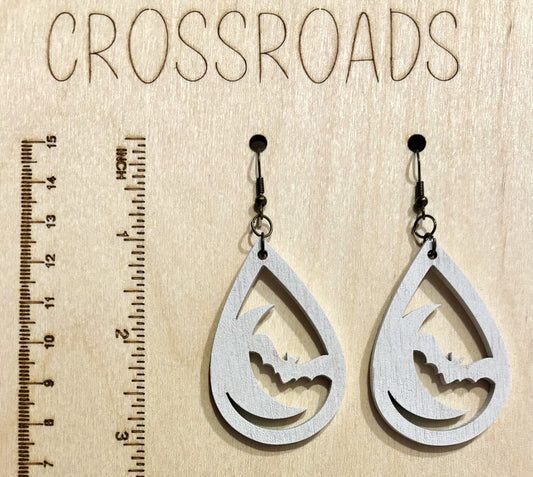 Bat and Moon Teardrop Wood Earrings, White