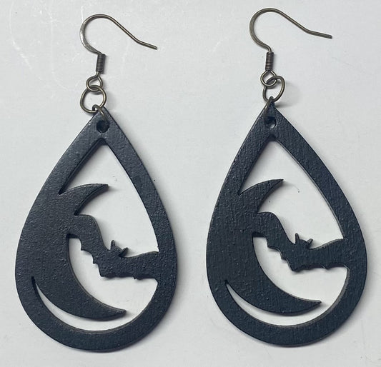 Bat and Moon Teardrop Wood Earrings, Black