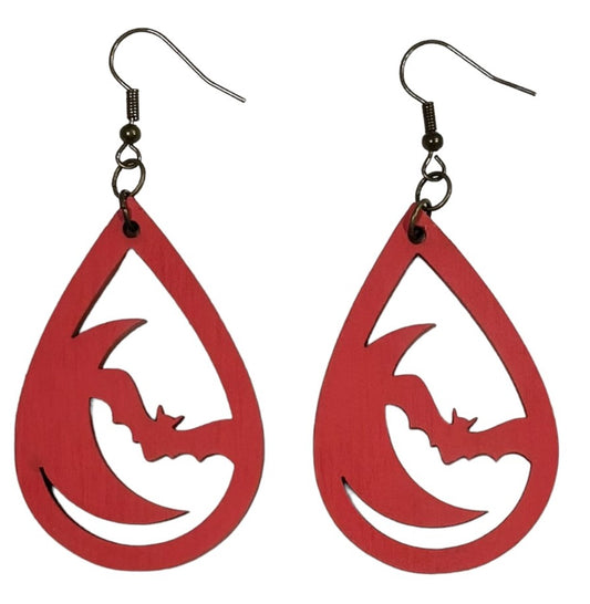 Bat and Moon Teardrop Wood Earrings, Apple Red