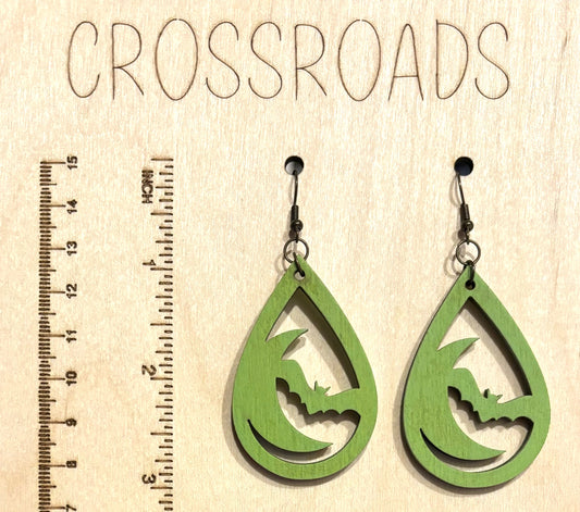 Bat and Moon Teardrop Wood Earrings, Jungle Green