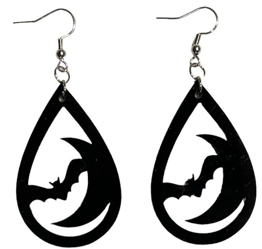 Bat and Moon Teardrop Acrylic Earrings, Black