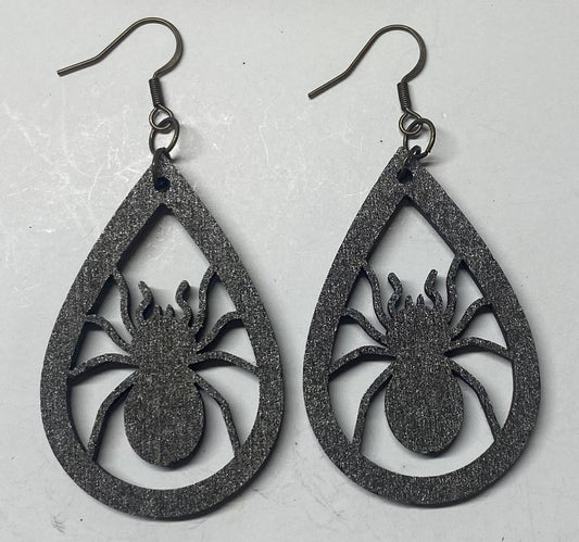 Spider Teardrop Wood Earrings, Oil Rubbed Bronze