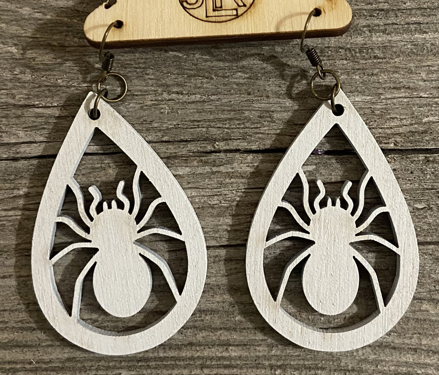 Spider Teardrop Wood Earrings, White