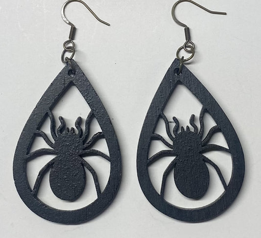 Spider Teardrop Wood Earrings, Black