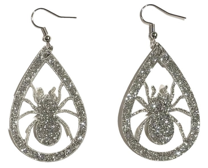 Spider Teardrop Acrylic Earrings, Silver Glitter