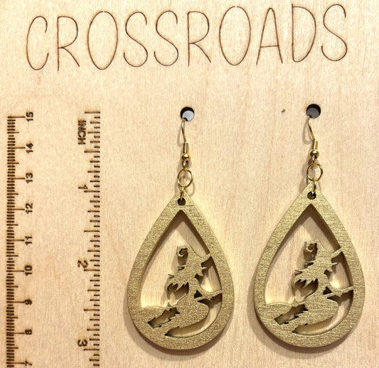 Witch on Broom Teardrop Wood Earrings, Gold