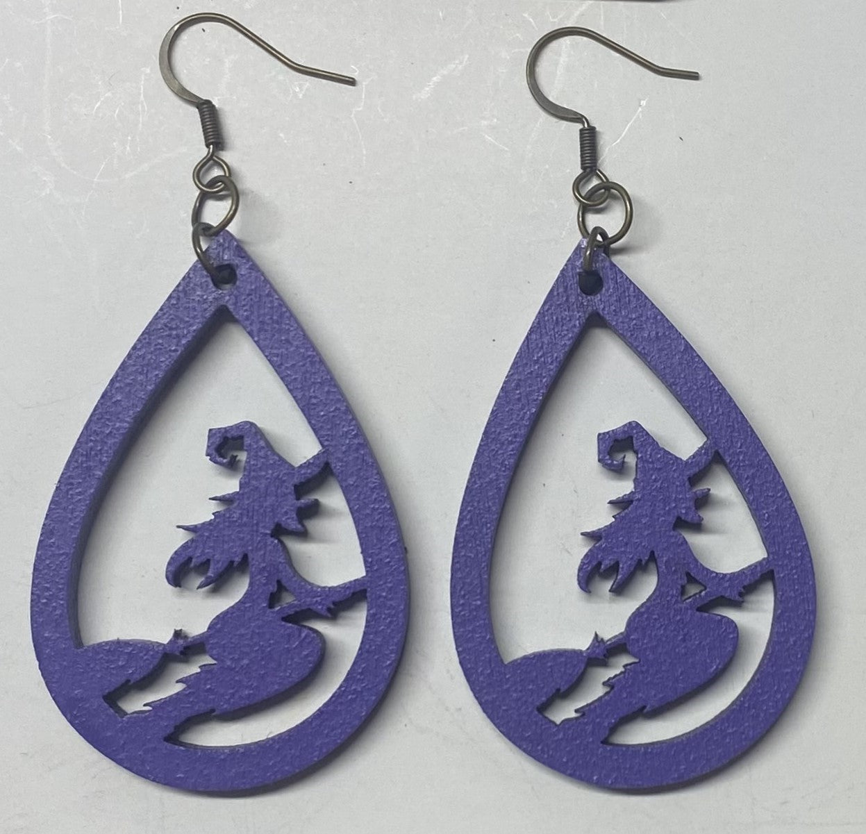 Witch on Broom Teardrop Wood Earrings, Grape